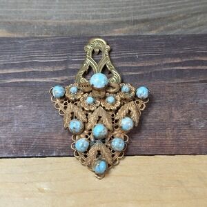 Vintage Gold Tone And Turquoise Shaw‎ Clip Scarf Broach